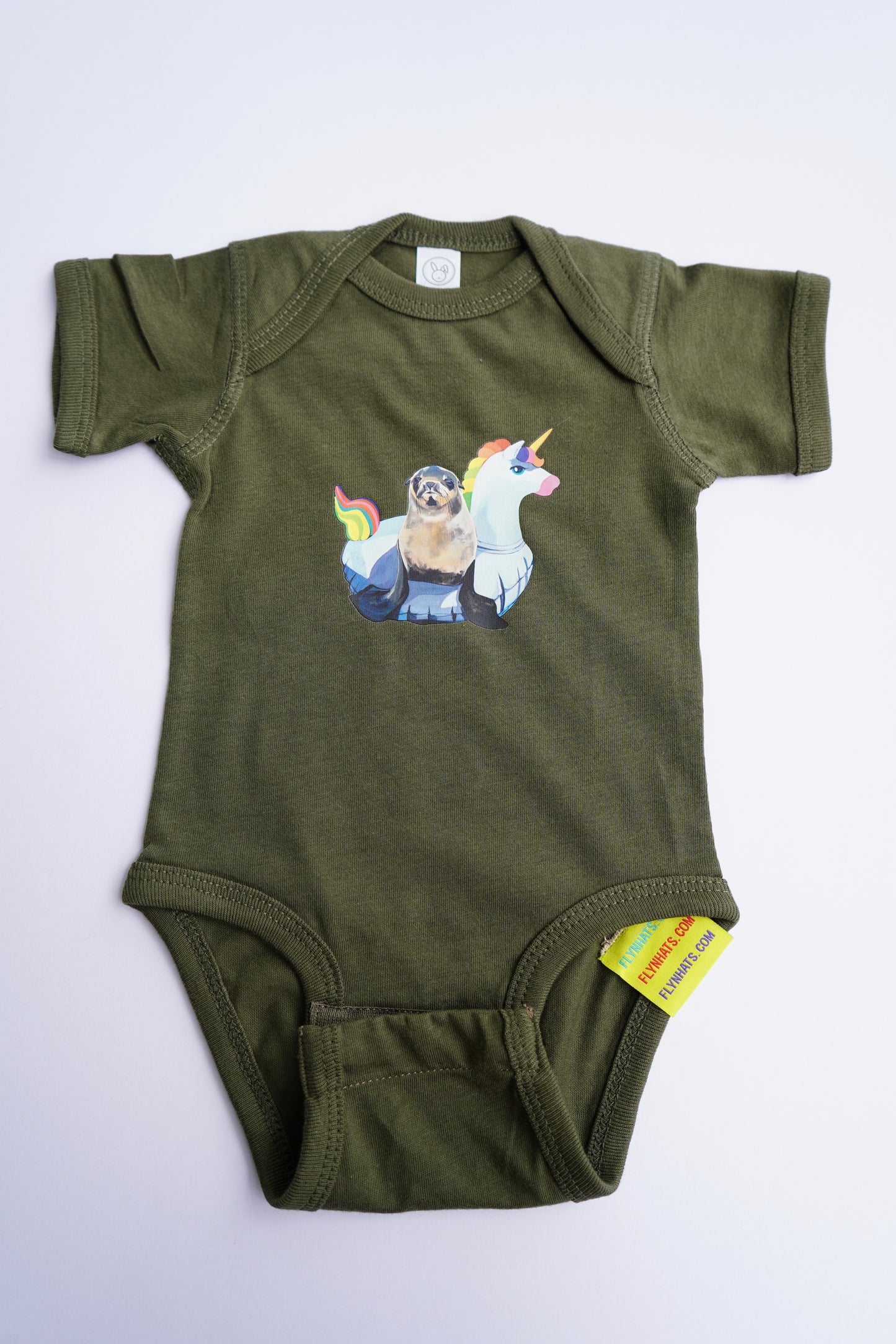 Unicorn Drifter Baby Onesies FlynHats Olive new born