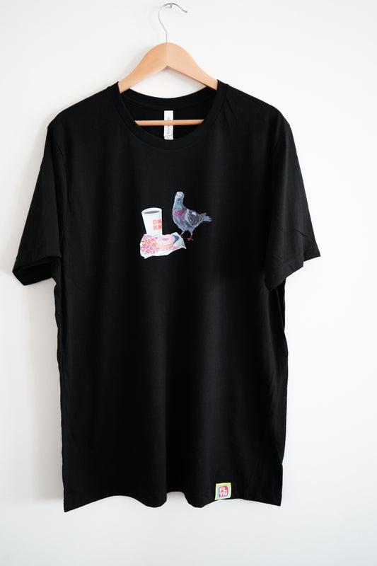 Pigeons Run on Donuts Black t-shirt FlynHats
