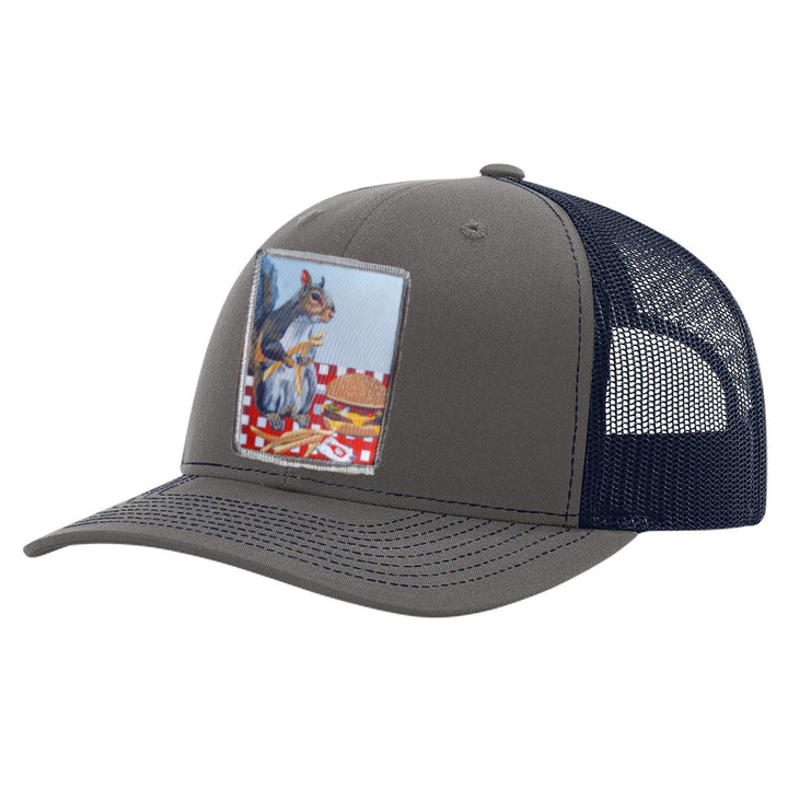 Charcoal/ Navy Trucker Hats Flyn Costello Squirrel Burger