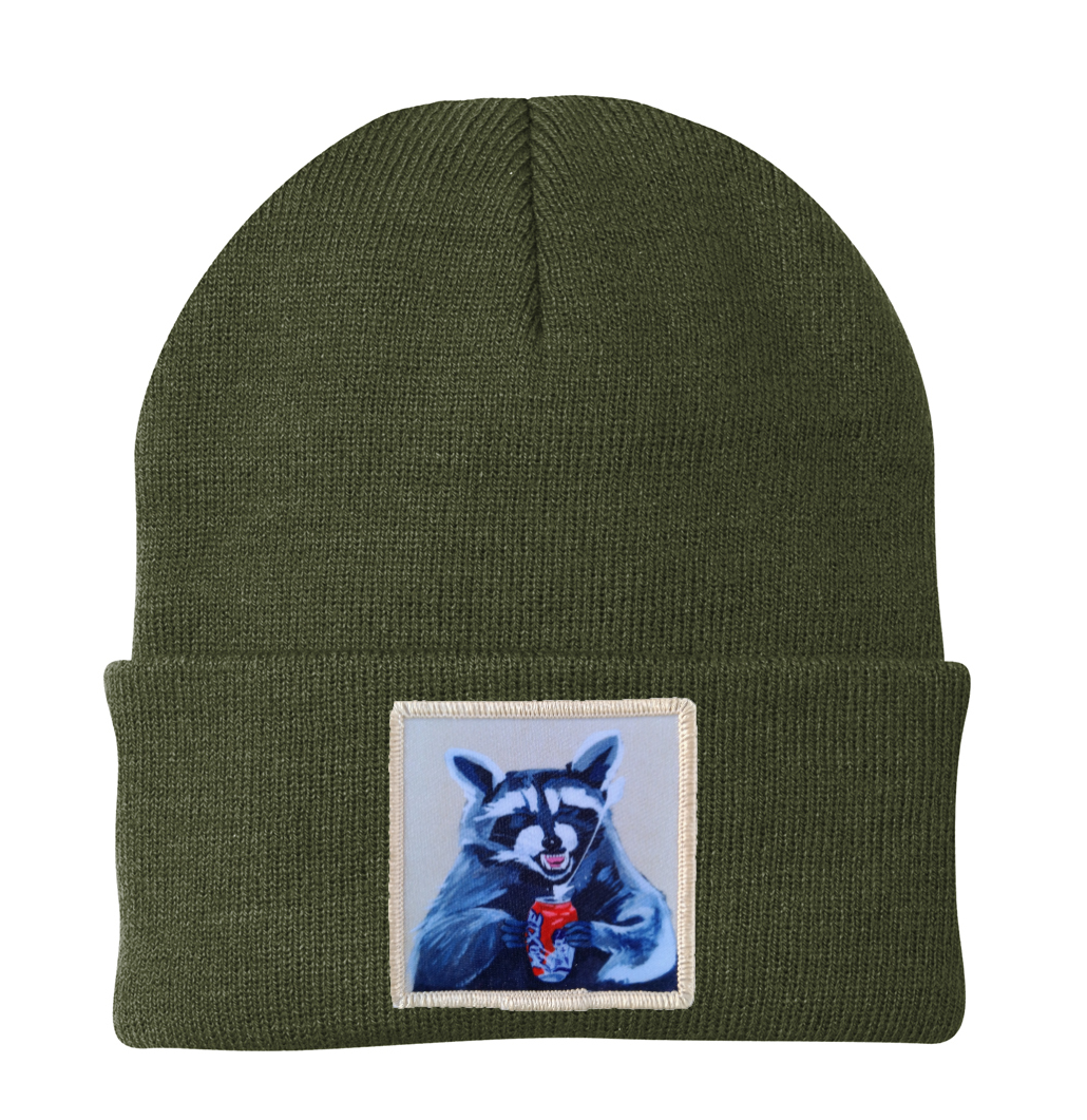 Camp Crasher Raccoon Beanie Hats Flyn Costello Olive