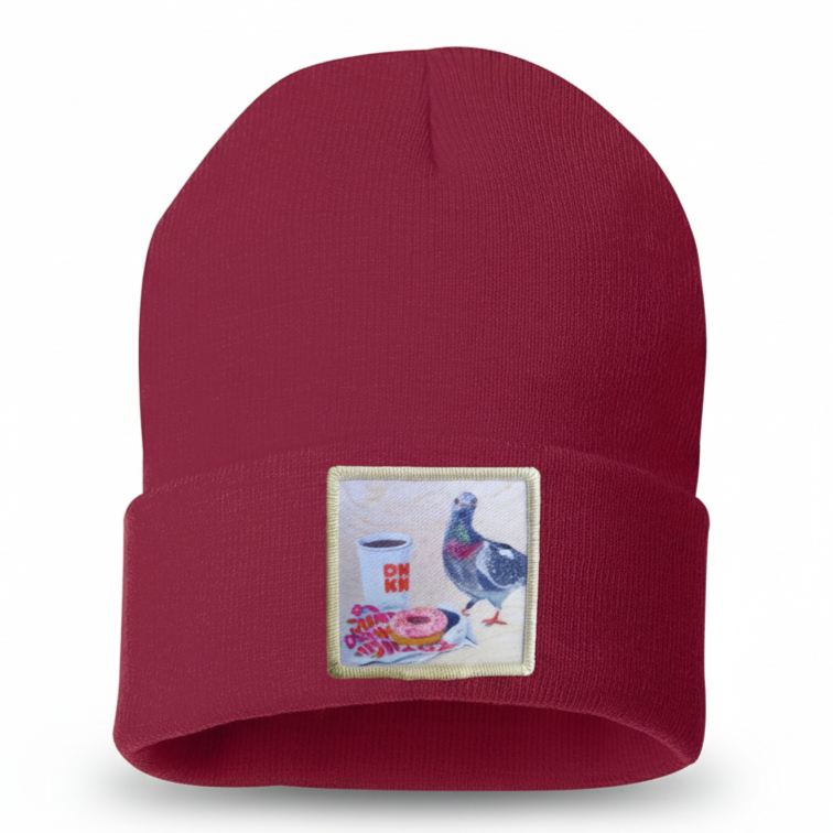 Pigeons Run on Donuts Beanie Hats Flyn Costello Cardinal Red