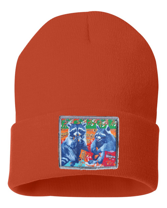 Junk Food Bandits Raccoon Beanie Hats Flyn_Costello_Art Burnt Orange