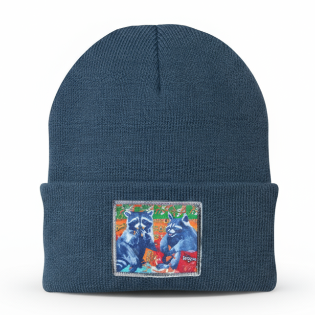 Junk Food Bandits Raccoon Beanie Hats Flyn_Costello_Art Dusty Blue