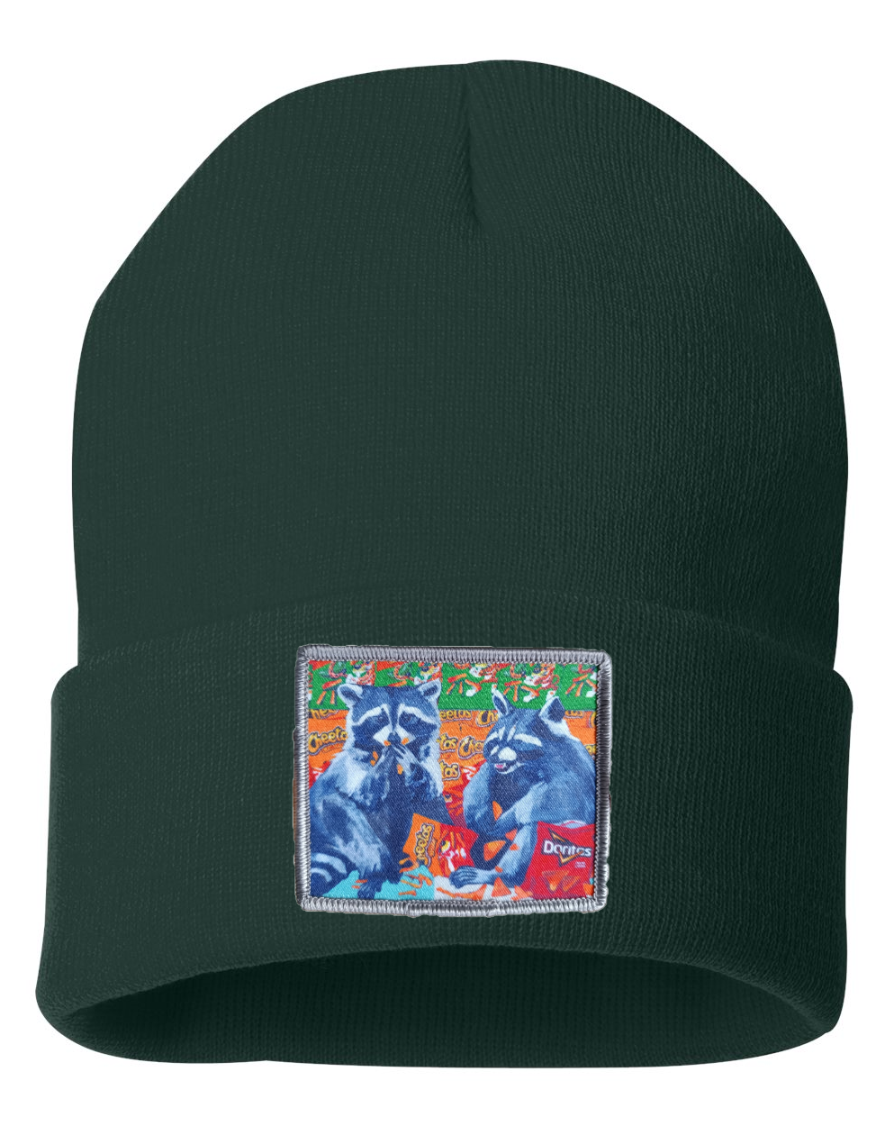 Junk Food Bandits Raccoon Beanie Hats Flyn_Costello_Art Forest Green
