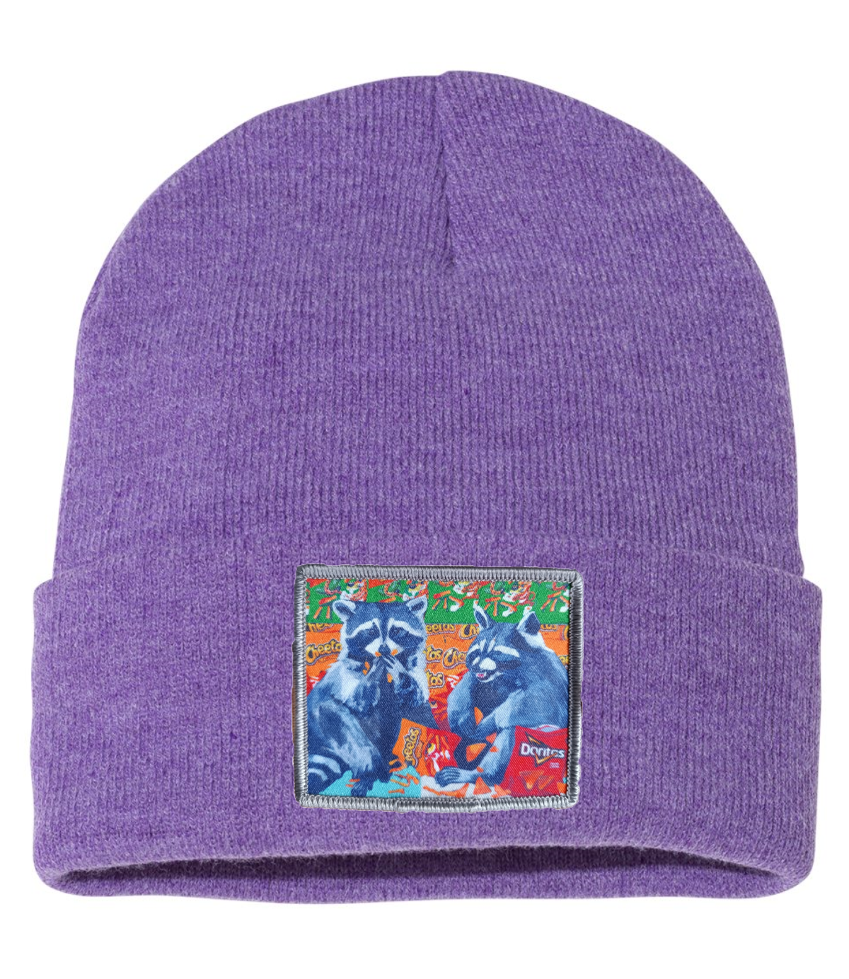 Junk Food Bandits Raccoon Beanie Hats Flyn_Costello_Art Heather Purple