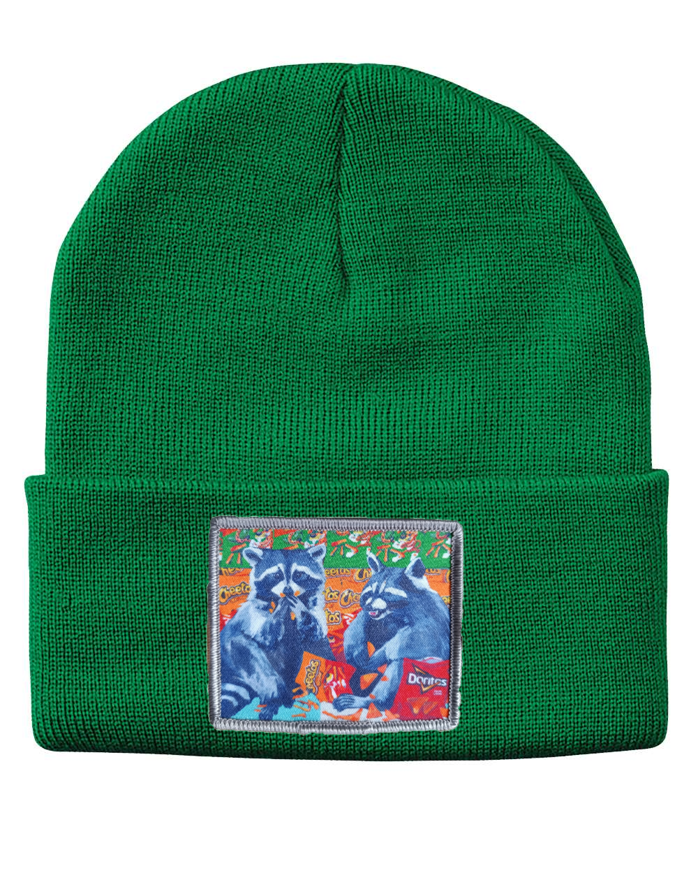 Junk Food Bandits Raccoon Beanie Hats Flyn_Costello_Art Kelley Green