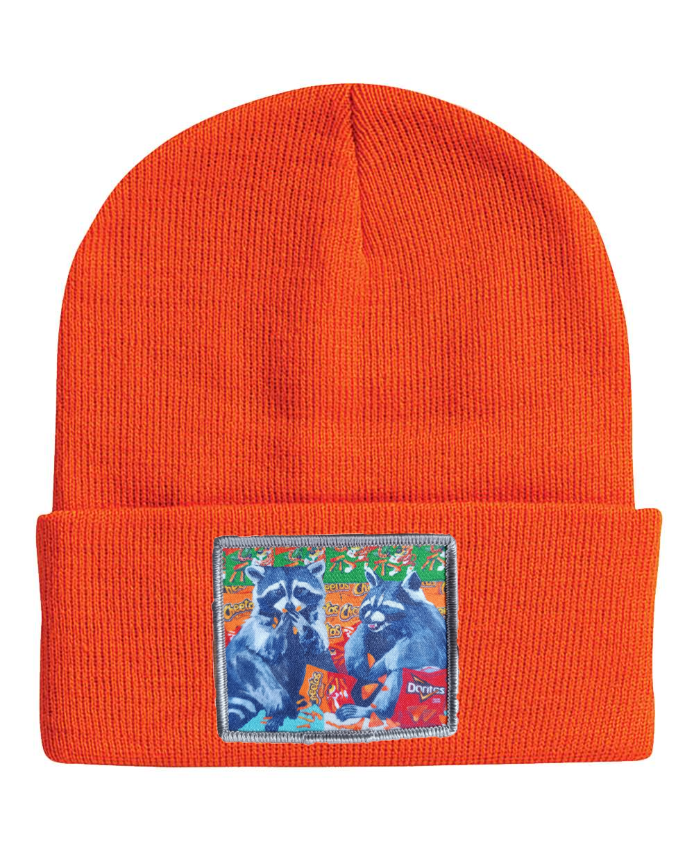 Junk Food Bandits Raccoon Beanie Hats Flyn_Costello_Art Neon Orange