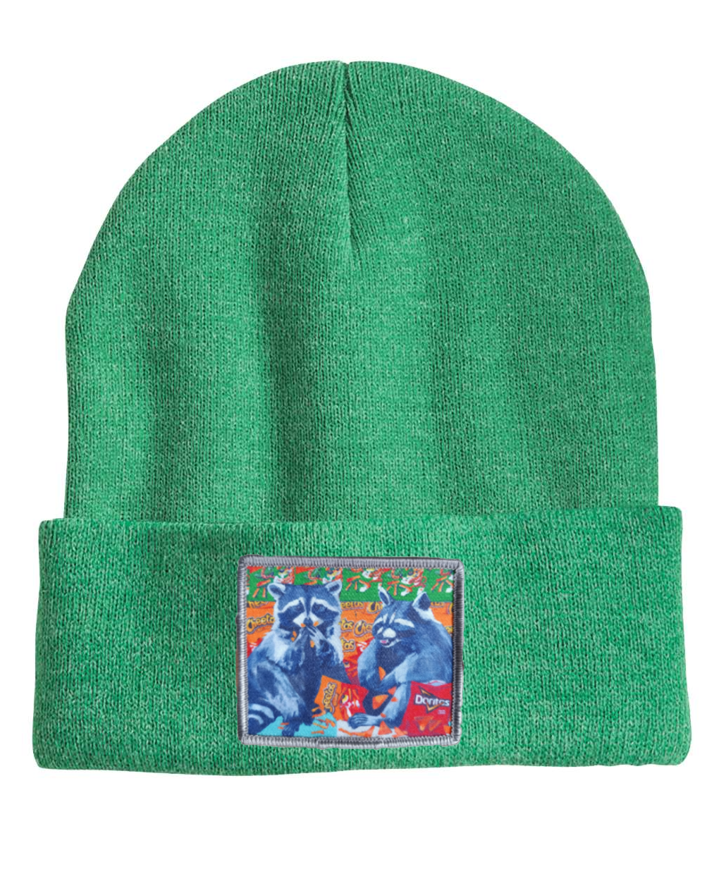 Junk Food Bandits Raccoon Beanie Hats Flyn_Costello_Art Heather Green