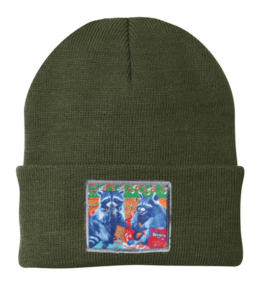 Junk Food Bandits Raccoon Beanie Hats Flyn_Costello_Art Olive