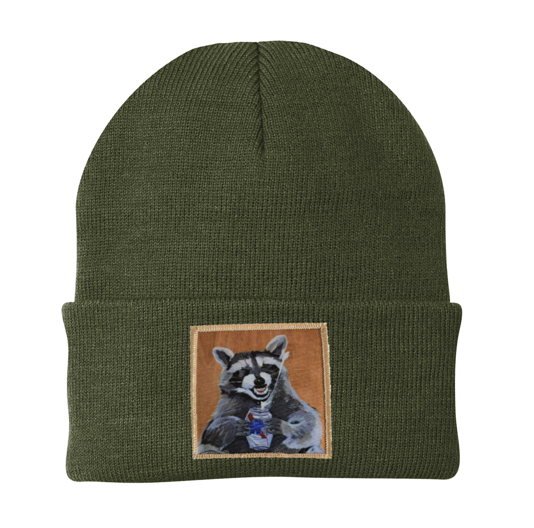 WS Beer Bandit Raccoon Beanie Hats Flyn Costello Olive