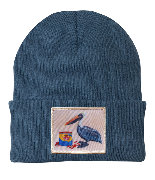 WS Gone Fishin' Pelican Beanie Hats Flyn_Costello_Art Dusty Blue