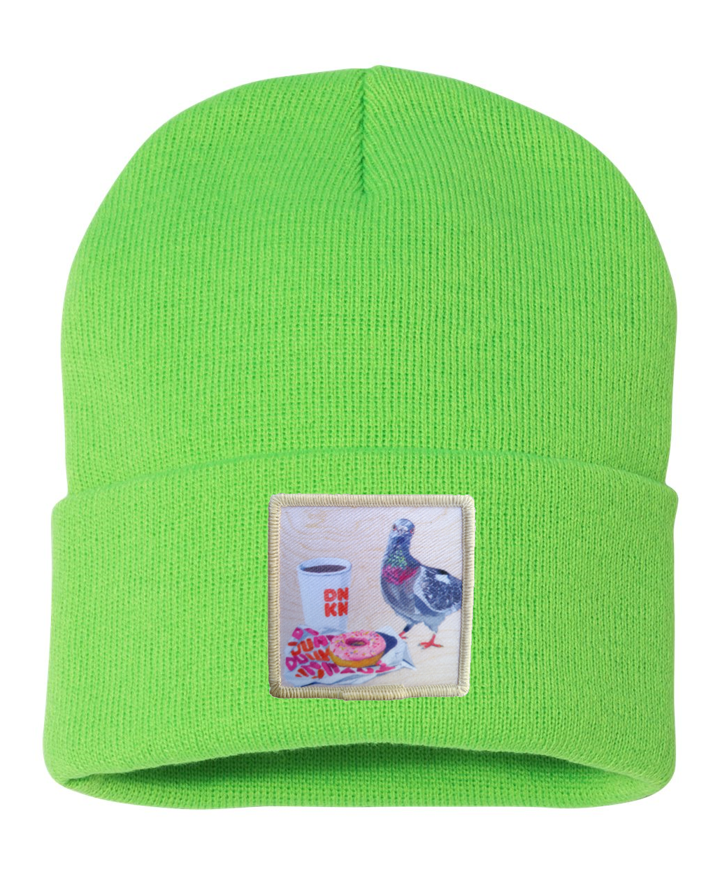 Pigeons Run on Donuts Beanie Hats Flyn Costello Neon Green