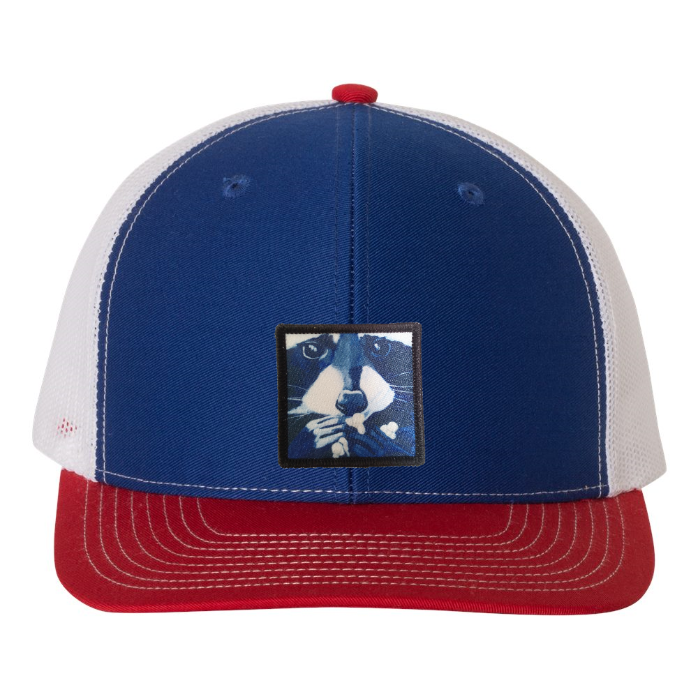 Red/White/Royal Trucker Hats Flyn Costello Raccoon Pop