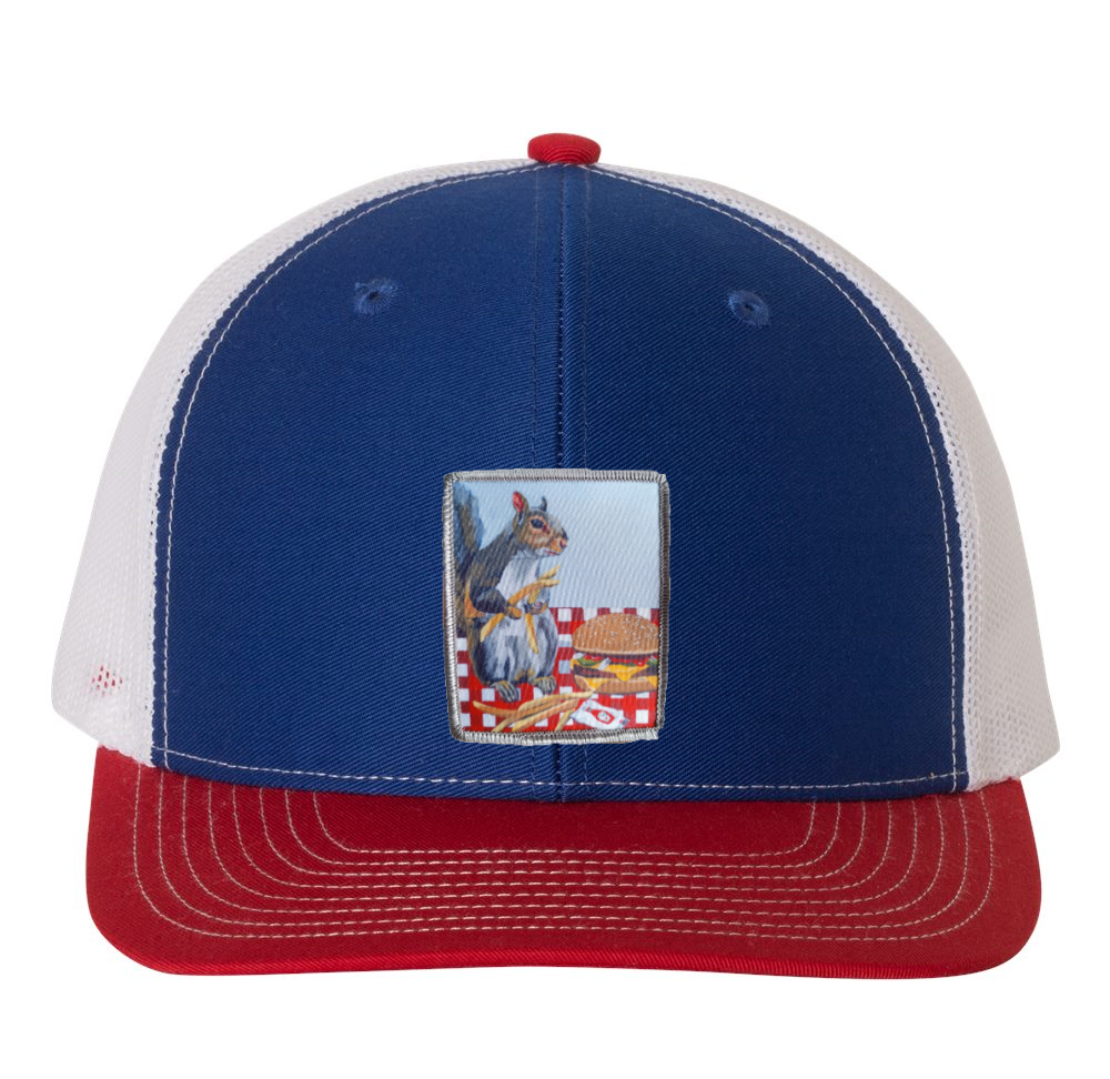 Red/White/Royal Trucker Hats Flyn Costello Squirrel Burger