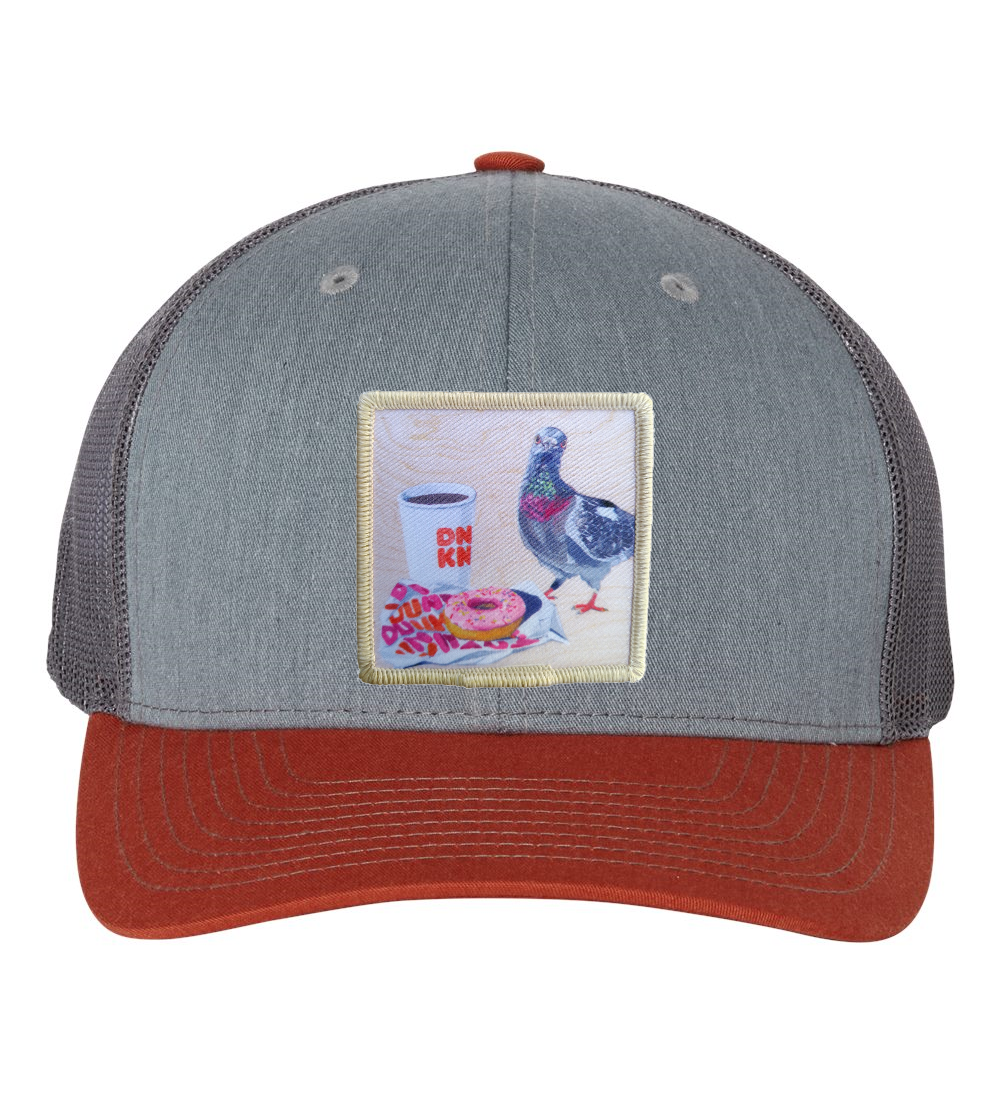 Grey/Terracotta Trucker Hats Flyn Costello Pigeons Run on Donuts