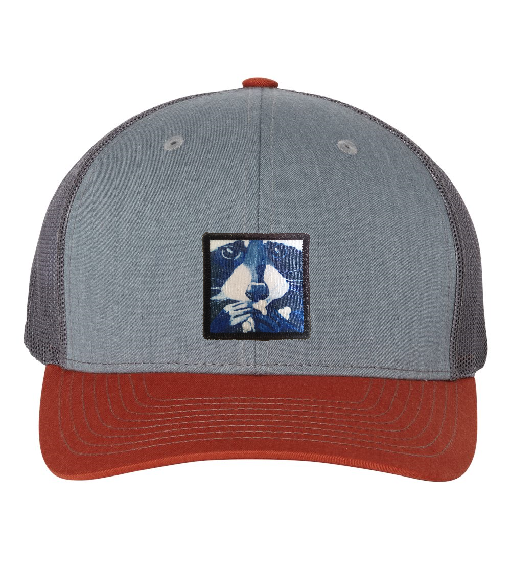 Grey/Terracotta Trucker Hats Flyn Costello Raccoon Pop