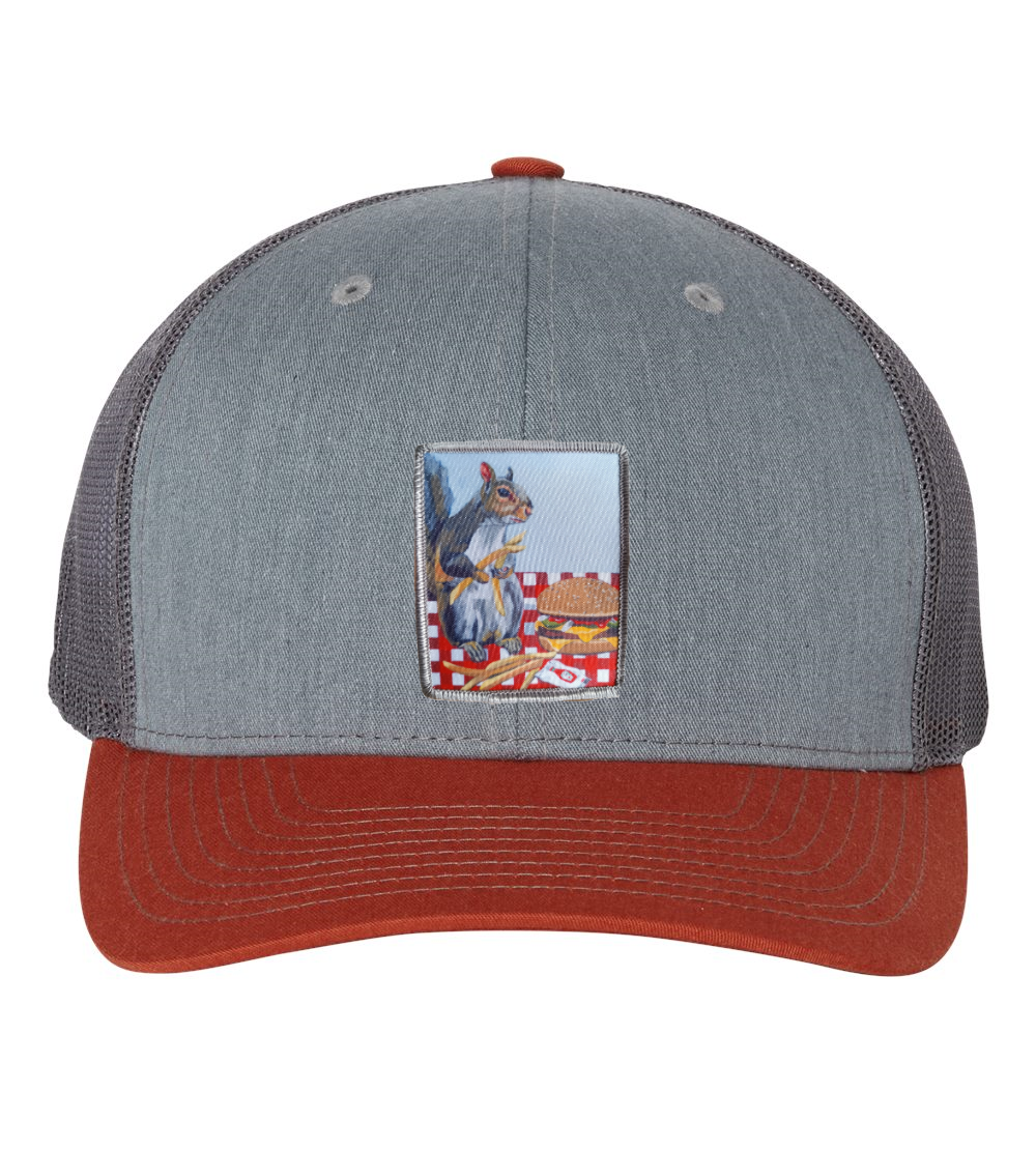 Grey/Terracotta Trucker Hats Flyn Costello Squirrel Burger