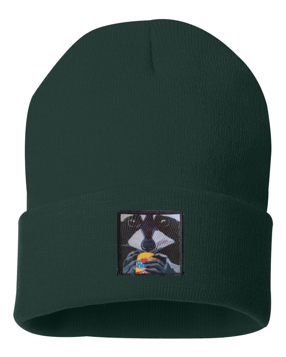The Snack Kid Raccoon Beanie Hats Flyn Costello Forest Green