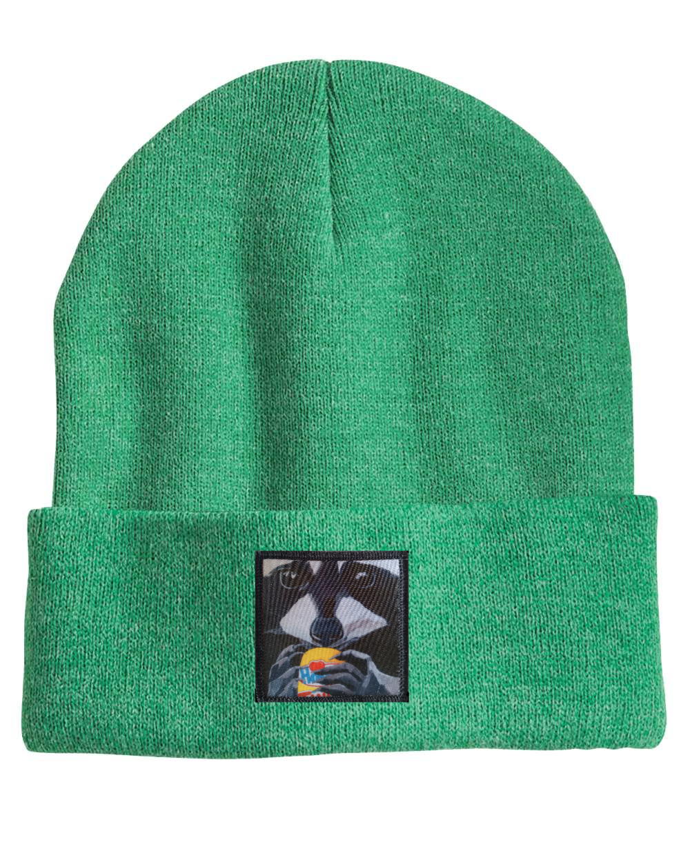 The Snack Kid Raccoon Beanie Hats Flyn Costello Heather Green
