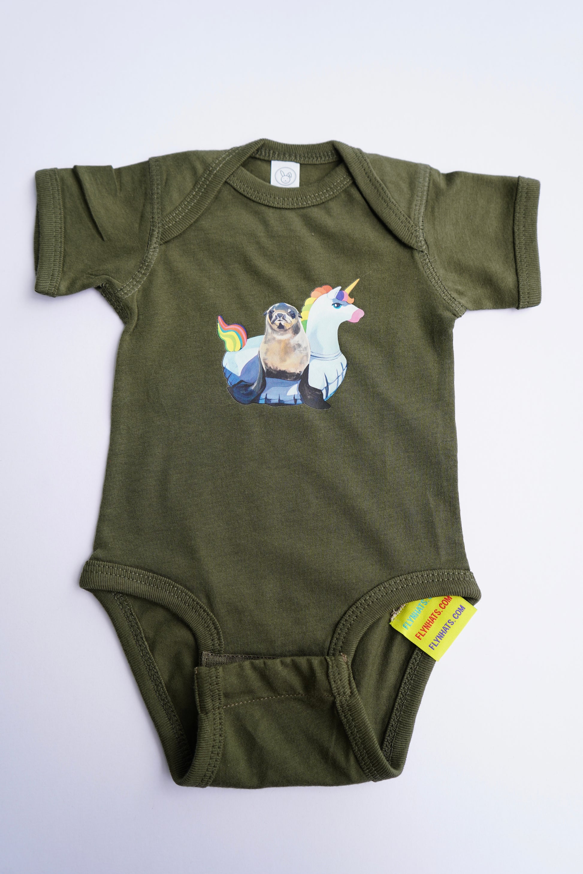 Unicorn Drifter Baby Onesies FlynHats Olive new born