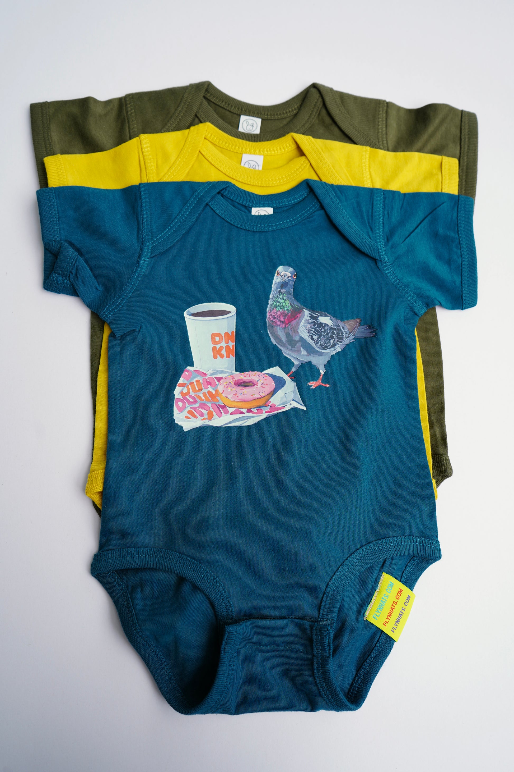 Pigeon Run on Dunuts Baby Onesies FlynHats