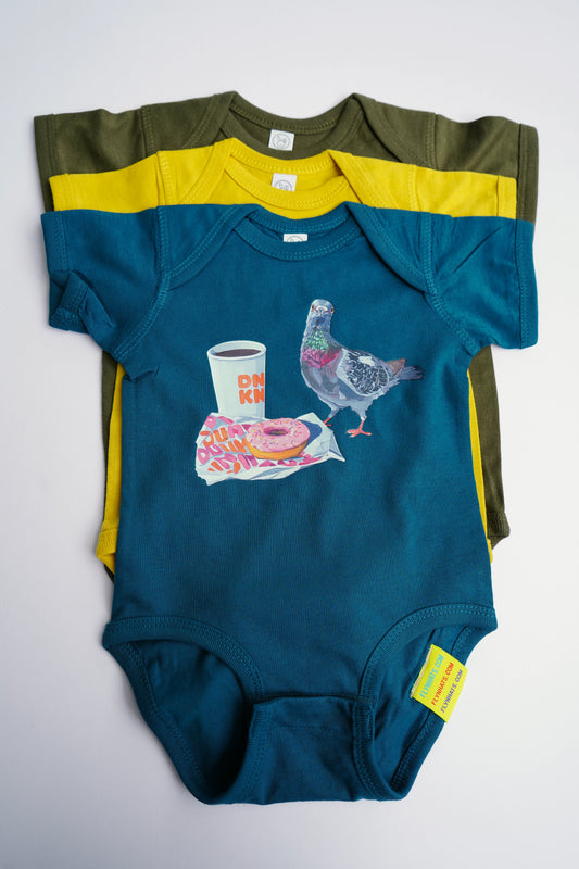 Pigeon Run on Dunuts Baby Onesies FlynHats