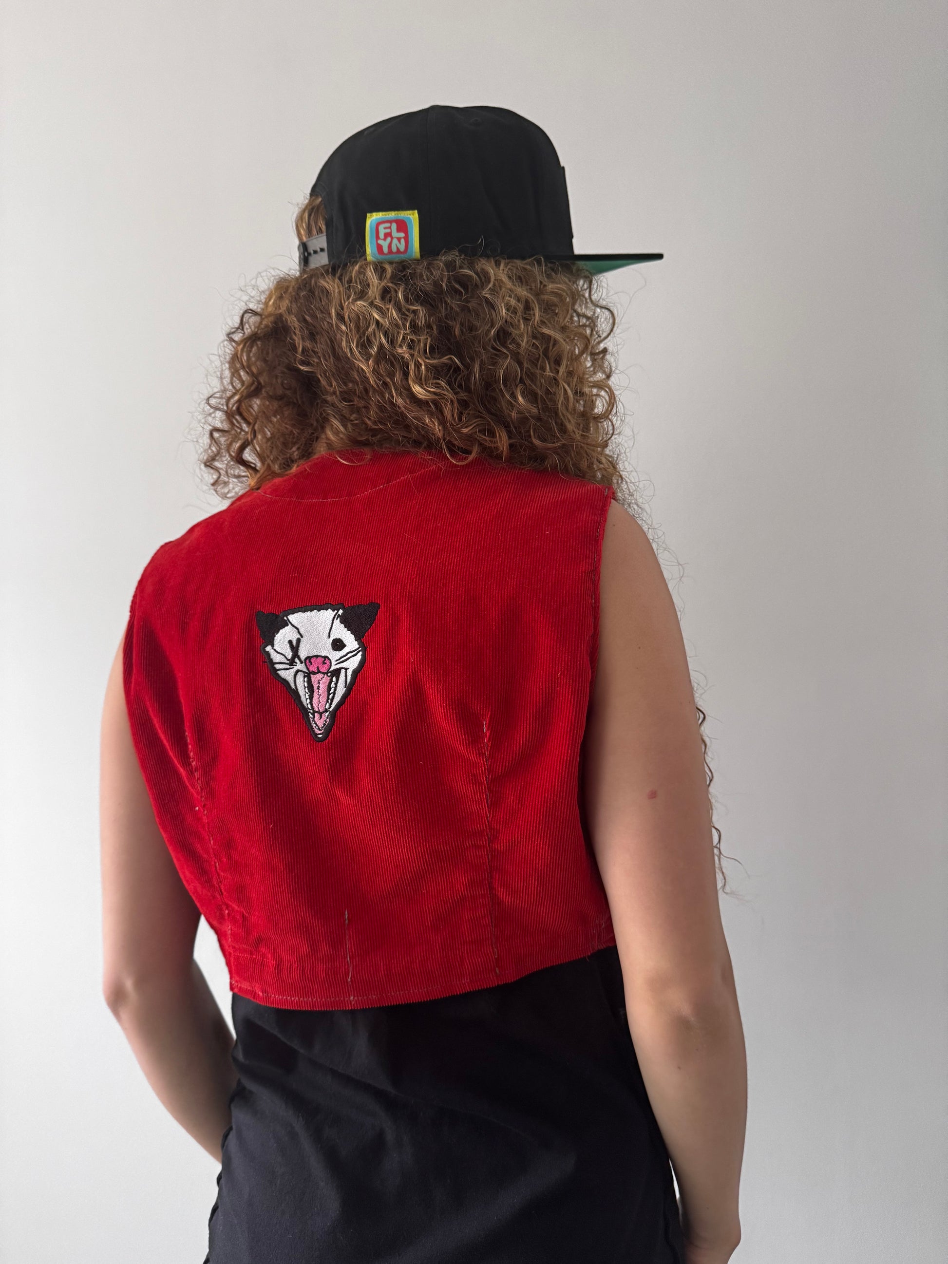 Not Dead Yet upcycled Red corduroy vest FlynHats