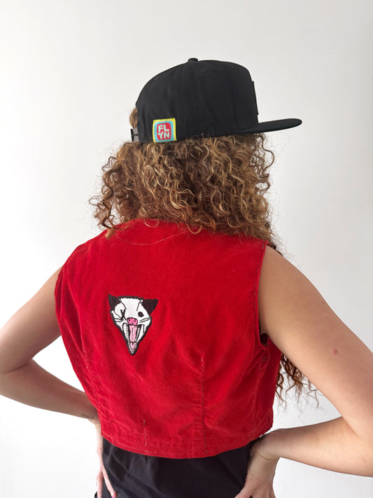 Not Dead Yet upcycled Red corduroy vest FlynHats