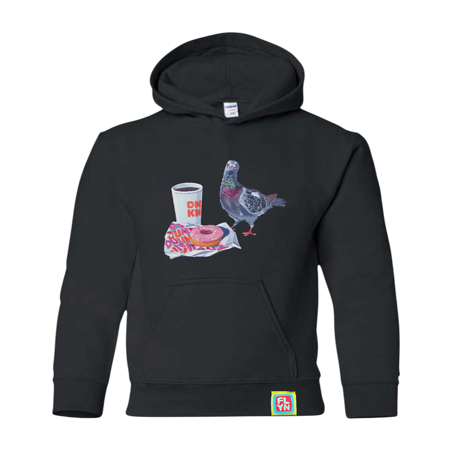 Pigeons Run on Donuts Black Youth Hoodie FlynHats