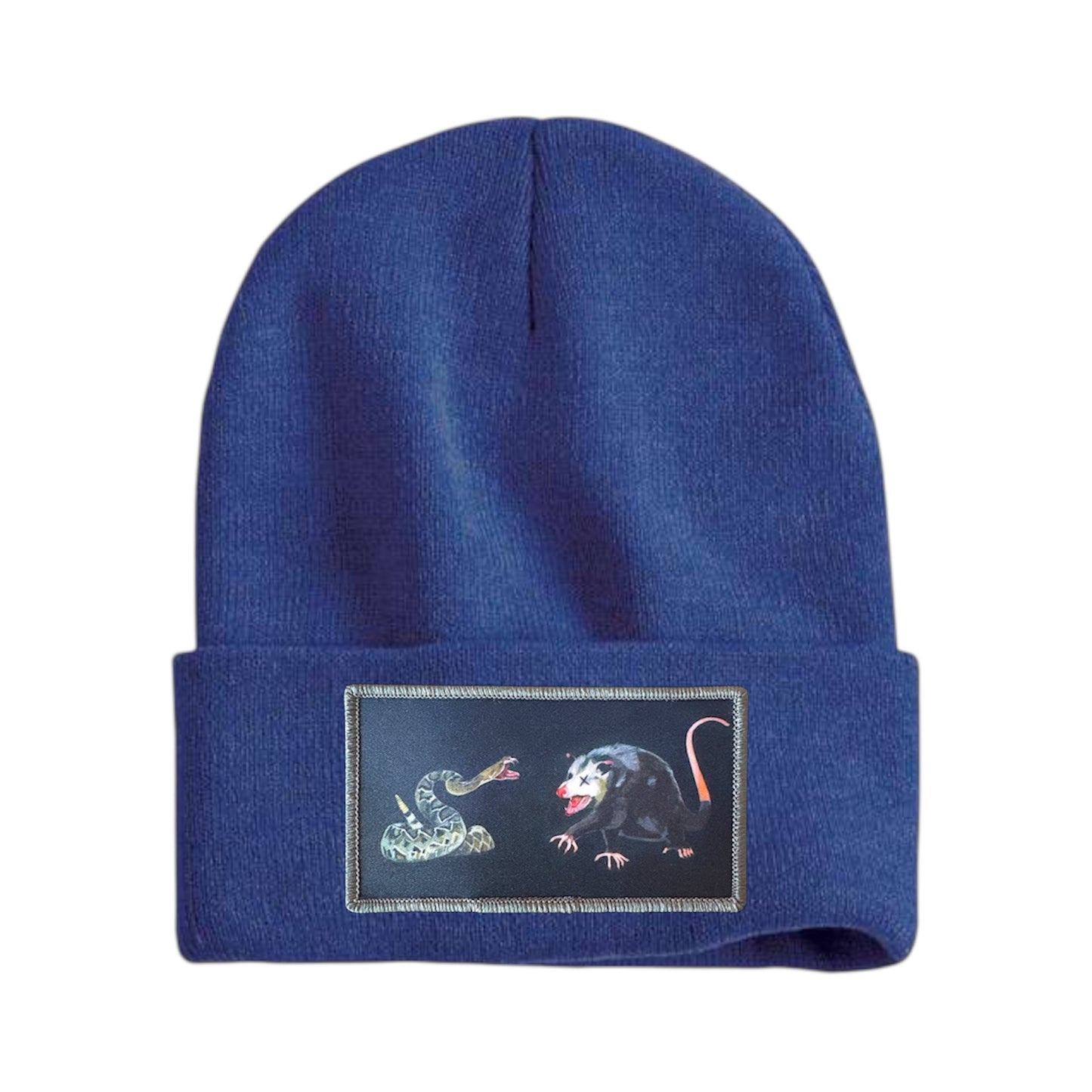 NOT DEAD YET rectangle patch Beanie Hats Flyn Costello Heather Blue
