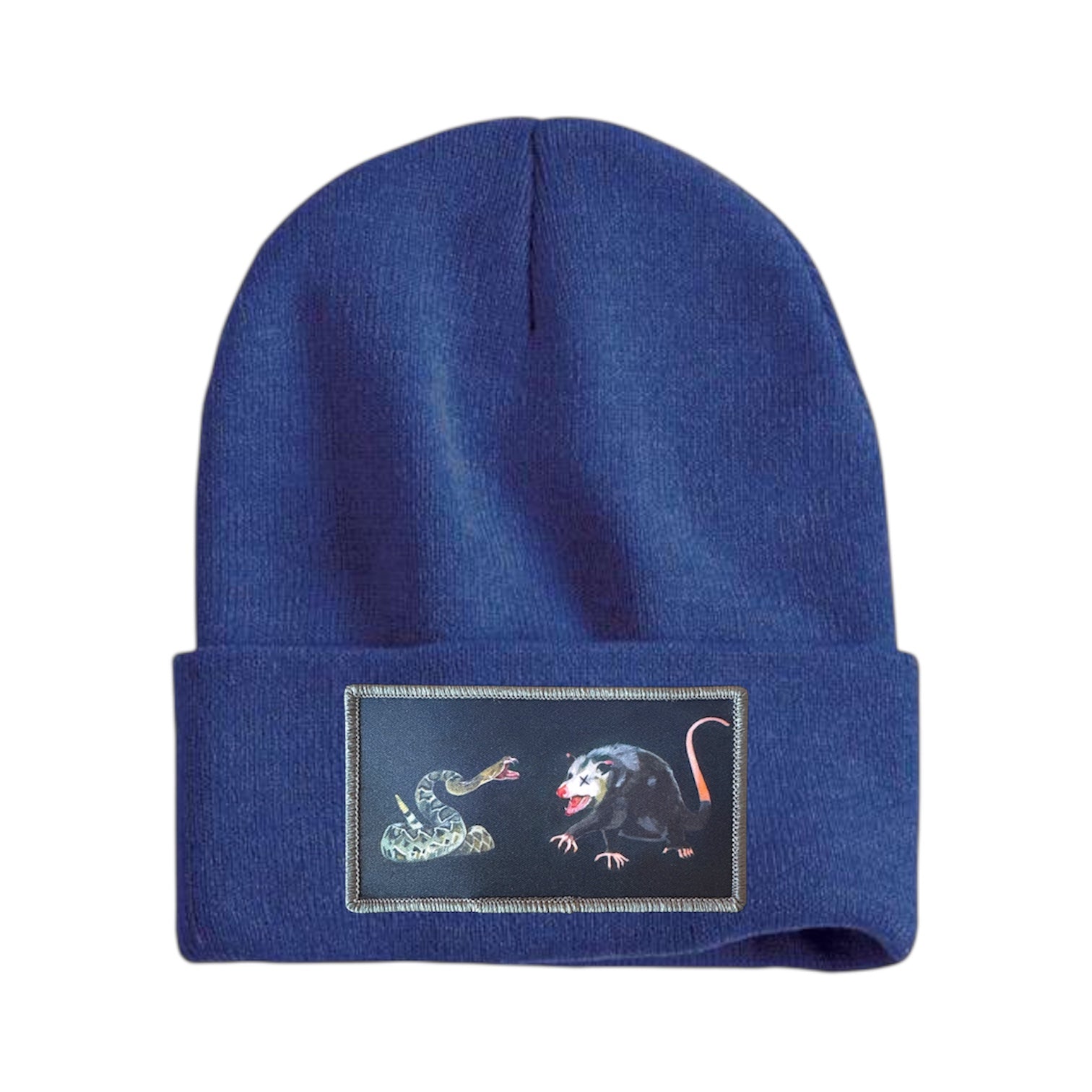 NOT DEAD YET rectangle patch Beanie Hats Flyn Costello Heather Blue