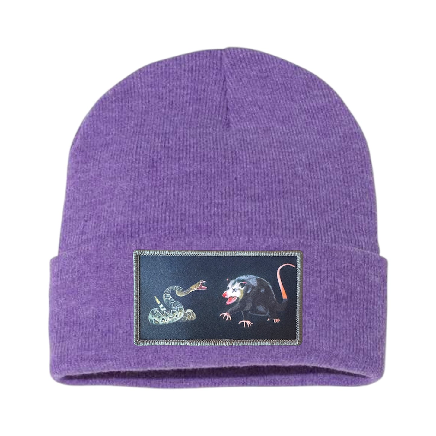 NOT DEAD YET rectangle patch Beanie Hats Flyn Costello Heather Purple