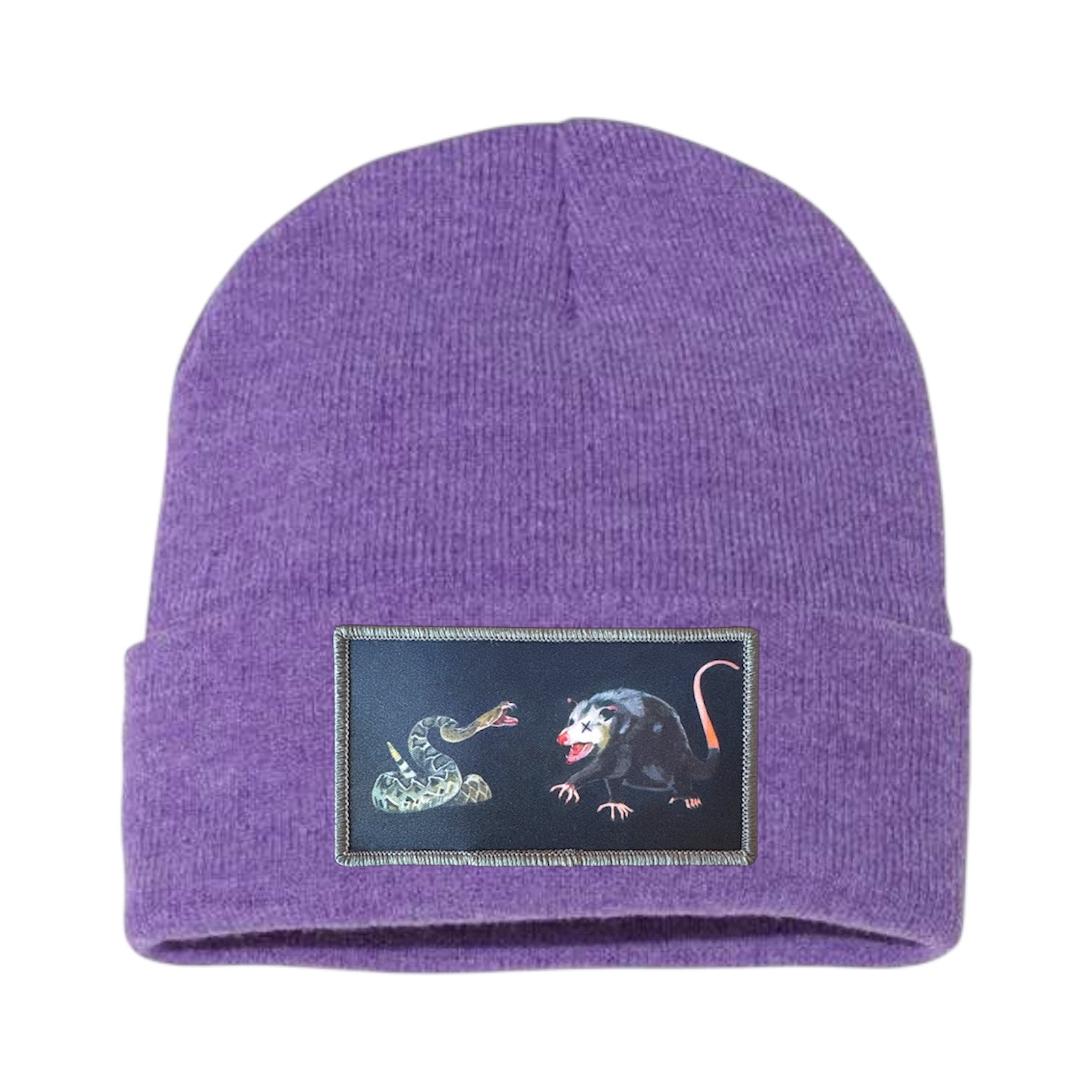 NOT DEAD YET rectangle patch Beanie Hats Flyn Costello Heather Purple