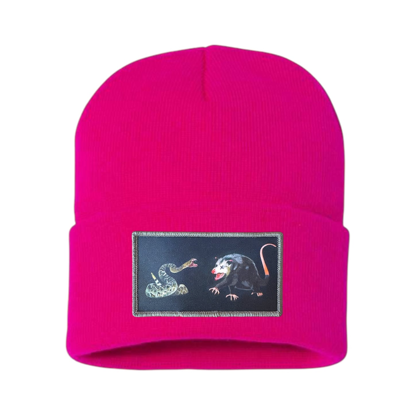 NOT DEAD YET rectangle patch Beanie Hats Flyn Costello Neon Fuchsia