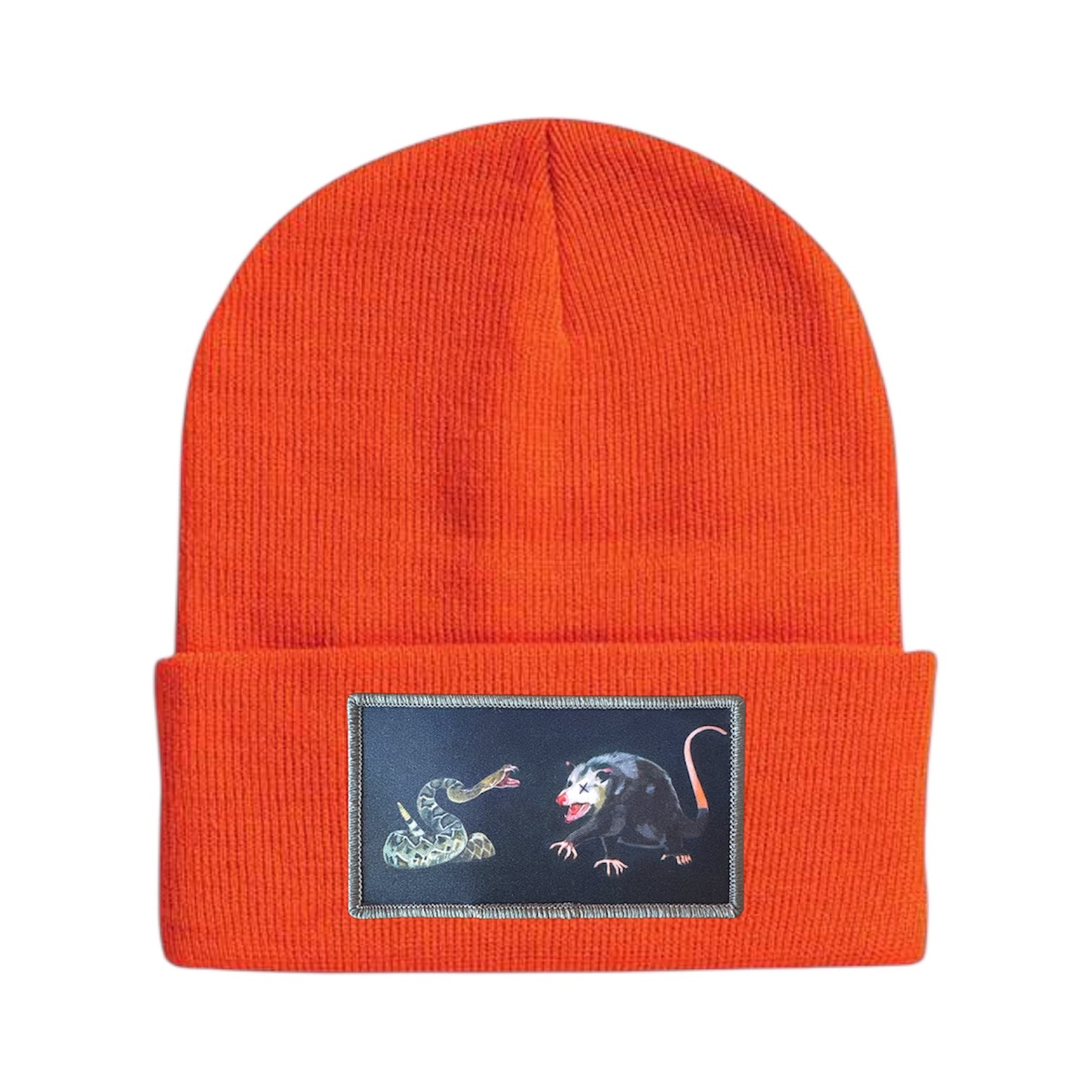 NOT DEAD YET rectangle patch Beanie Hats Flyn Costello Neon Orange
