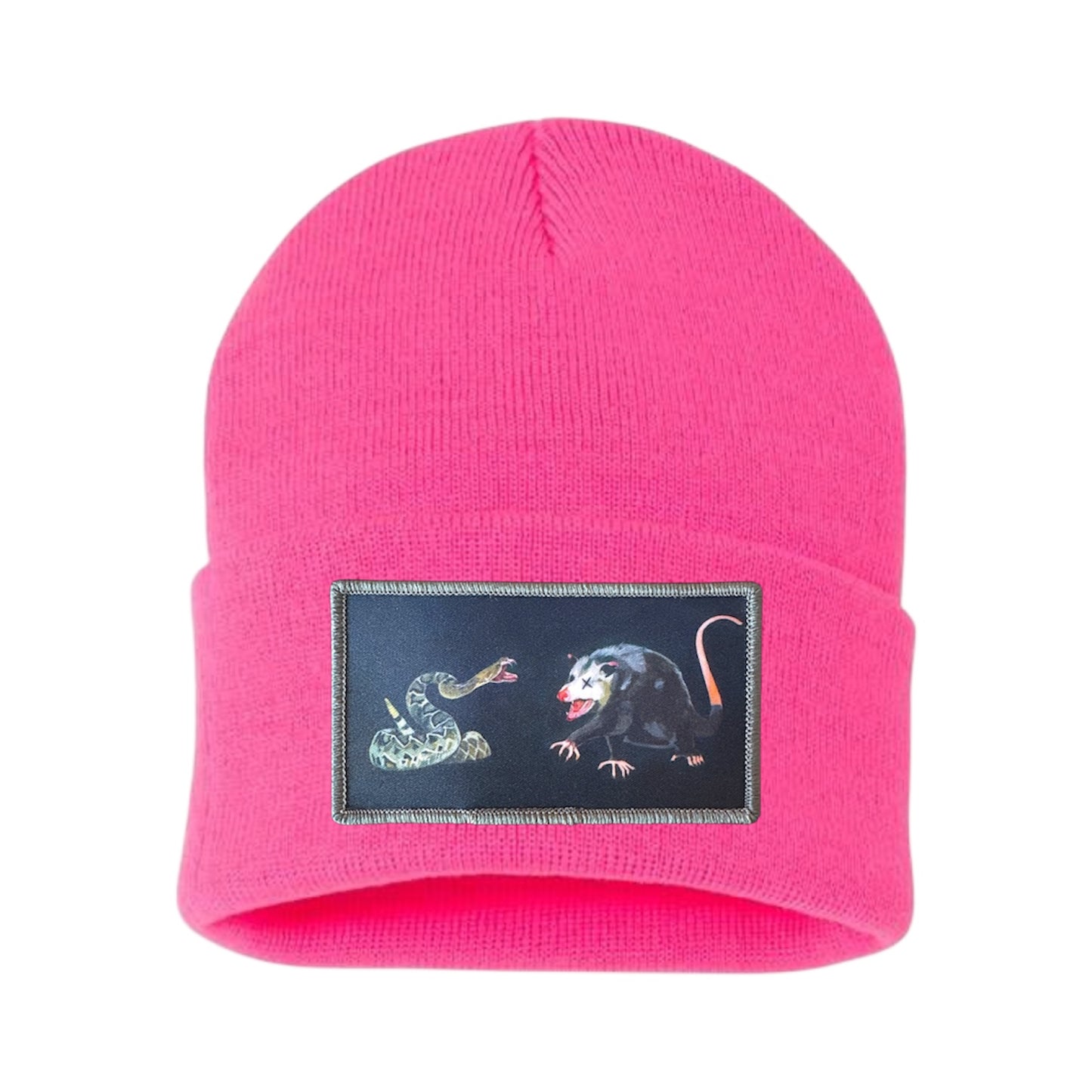 NOT DEAD YET rectangle patch Beanie Hats Flyn Costello Neon Pink