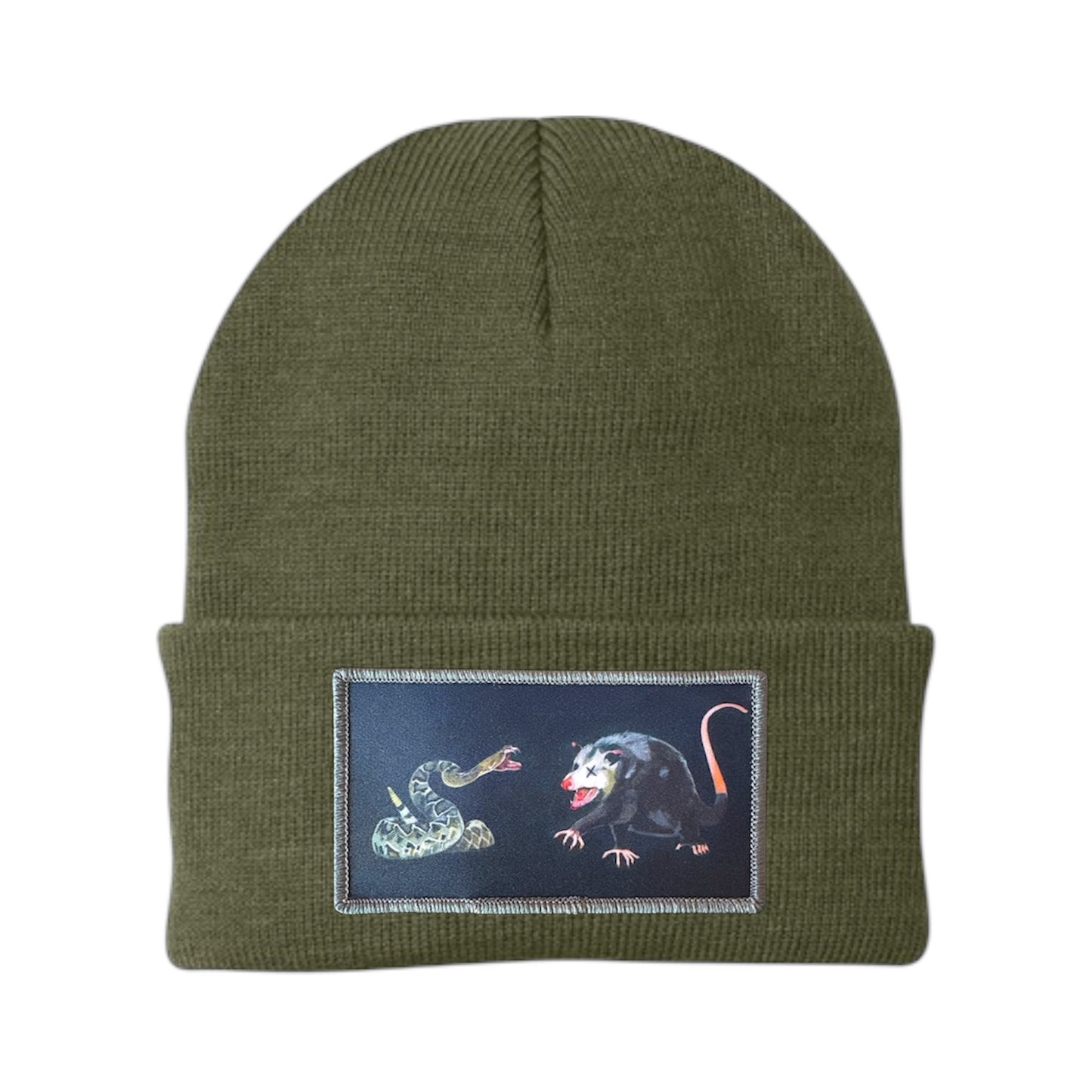 NOT DEAD YET rectangle patch Beanie Hats Flyn Costello Olive