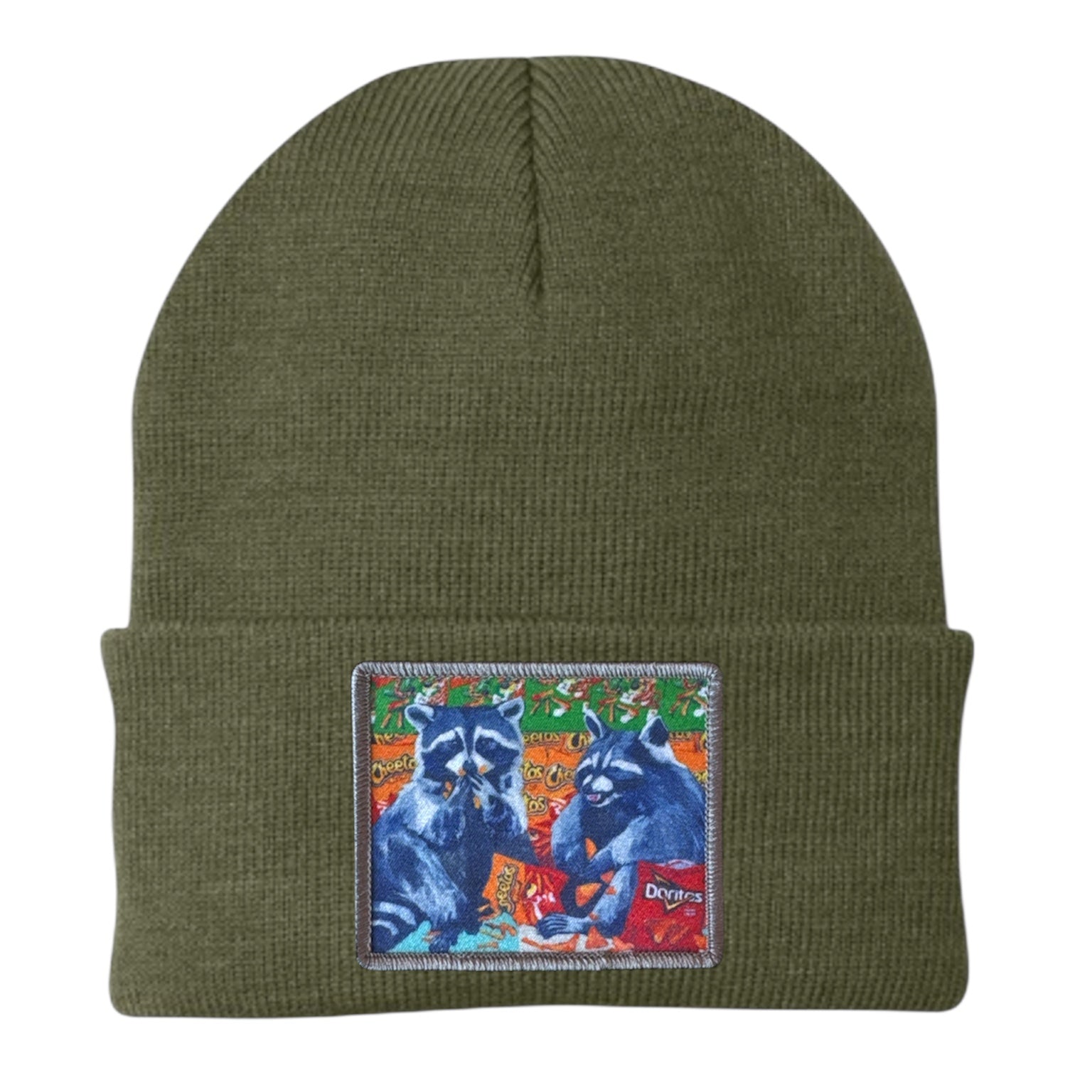 Junk Food Bandits Raccoon Beanie Hats Flyn_Costello_Art Olive