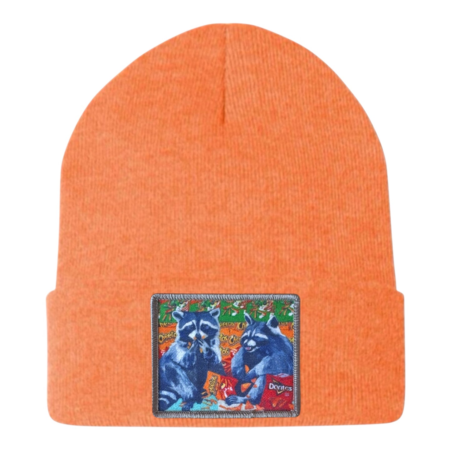 Junk Food Bandits Raccoon Beanie Hats Flyn_Costello_Art Heather Orange