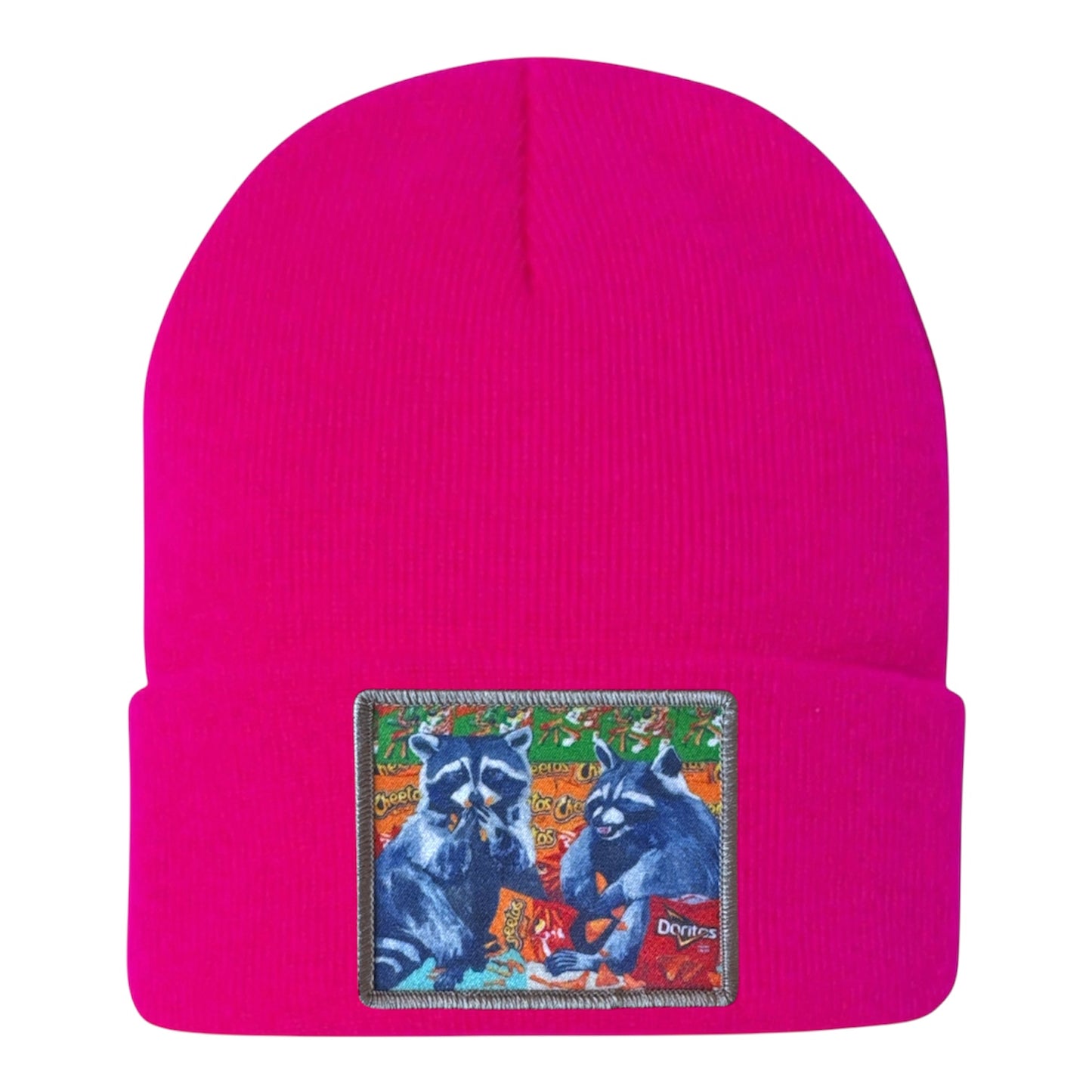 Junk Food Bandits Raccoon Beanie Hats Flyn_Costello_Art Neon Fuchsia
