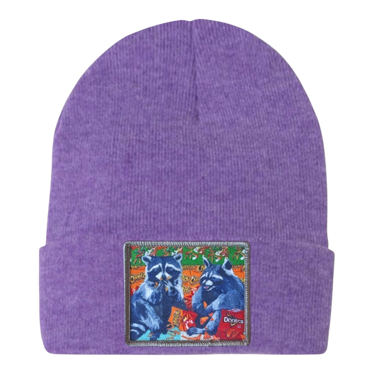 Junk Food Bandits Raccoon Beanie Hats Flyn_Costello_Art Heather Purple