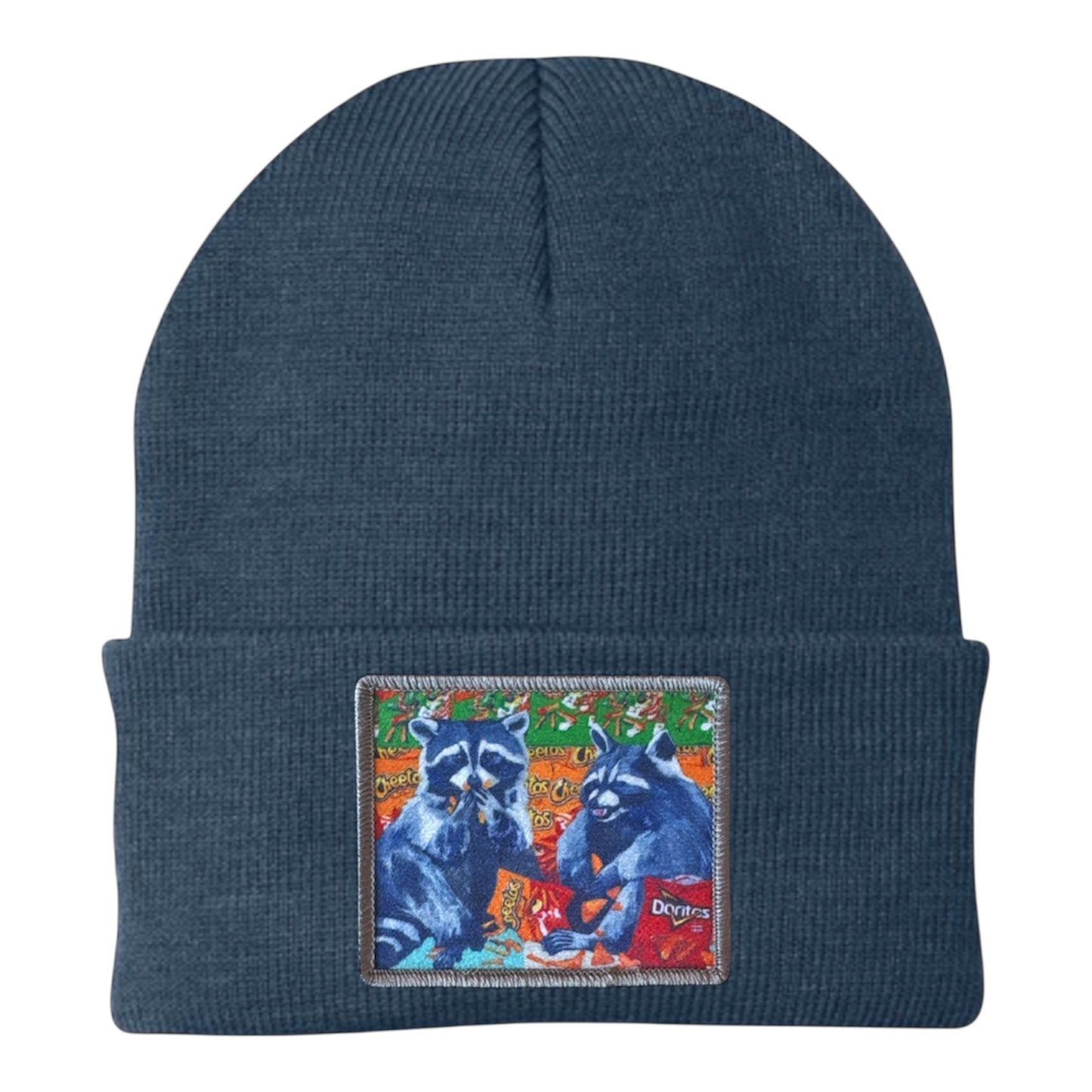 Junk Food Bandits Raccoon Beanie Hats Flyn_Costello_Art Dusty Blue