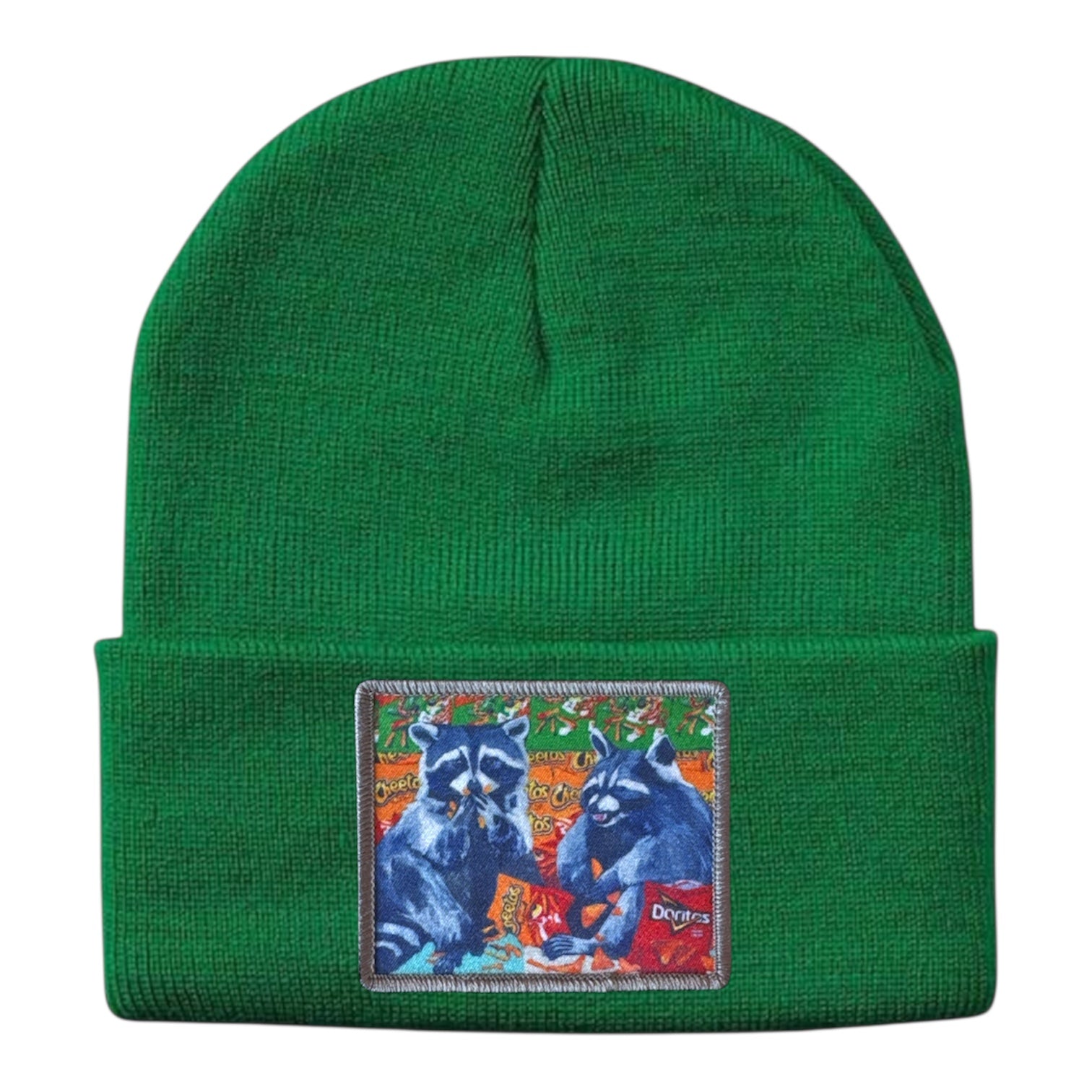Junk Food Bandits Raccoon Beanie Hats Flyn_Costello_Art Kelley Green
