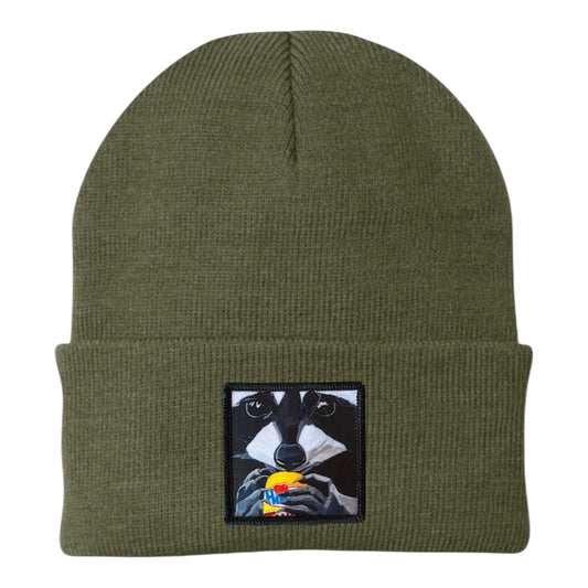The Snack Kid Raccoon Beanie Hats Flyn Costello Olive
