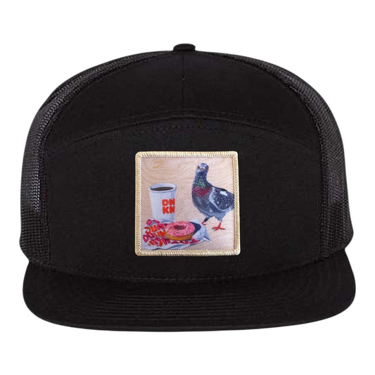 Pigeons Run On Donuts Seven Panel Hat Hats FlynHats Black