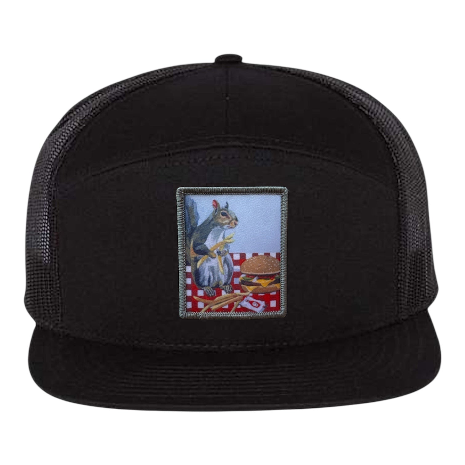 Black Seven Panel Hats Flyn Costello Squirrel Burger
