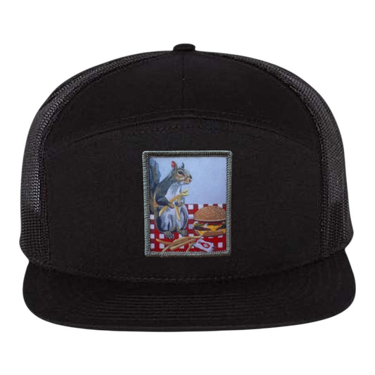 Squirrel Burger Seven Panel Hat Hats FlynHats Black