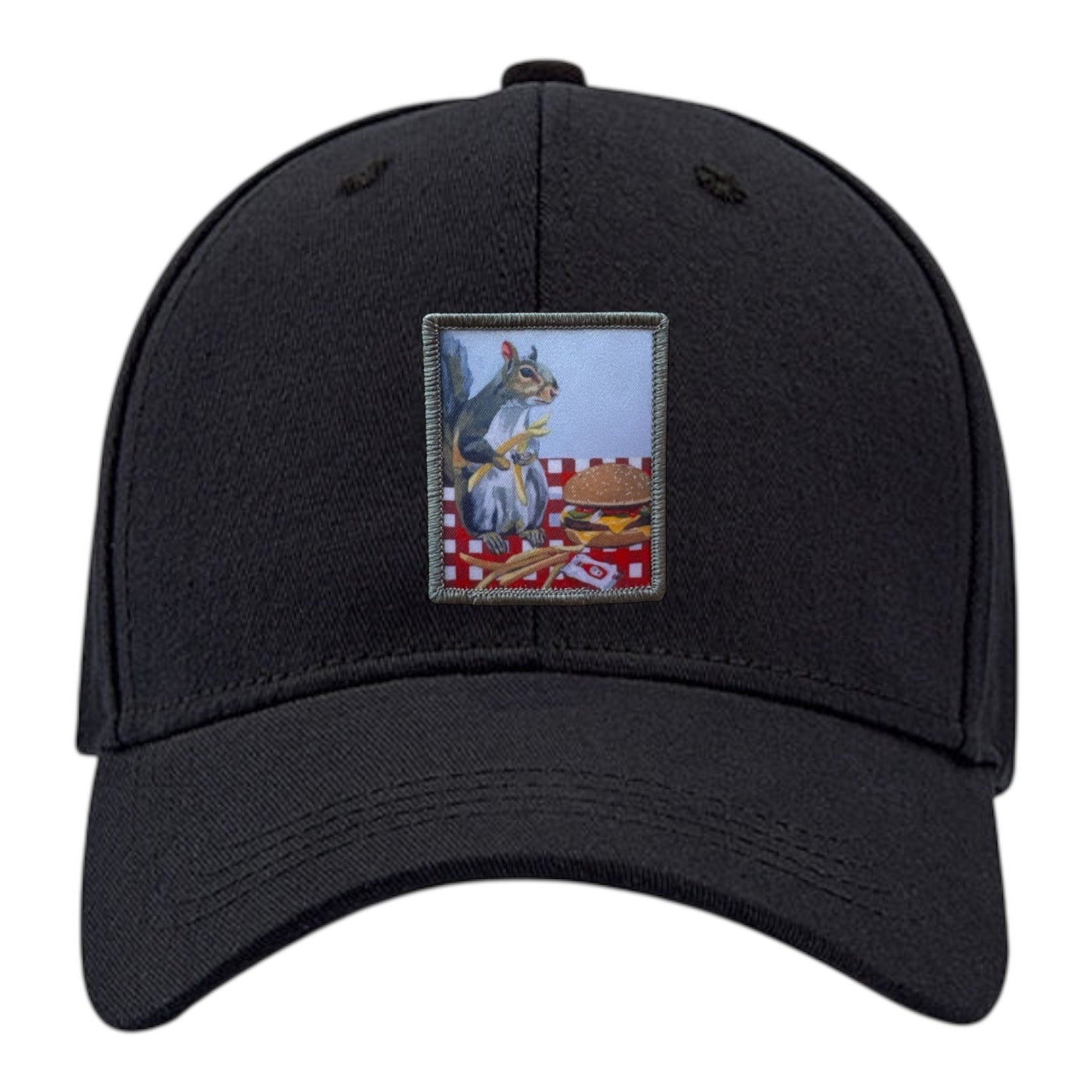 6 Panel Base Ball Cap Hats FlynHats Squirrel Burger