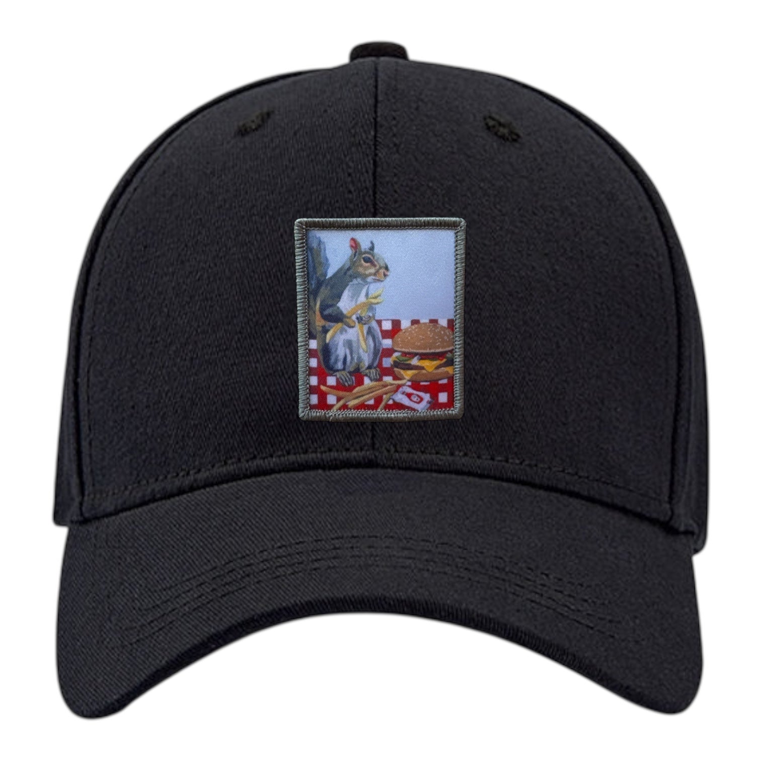 6 Panel Base Ball Cap Hats FlynHats Squirrel Burger