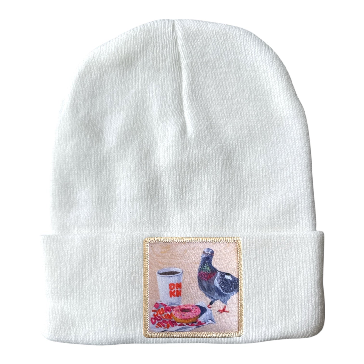 Pigeons Run On Donuts Beanie Hats Flyn Costello White